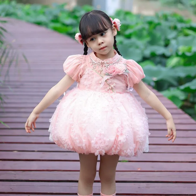 

4PCS New Children's Spanish Lolita Pink Princess Ball Gown Bow Lace Design Birthday Baptism Easter Eid Party Girls Dresses A3350