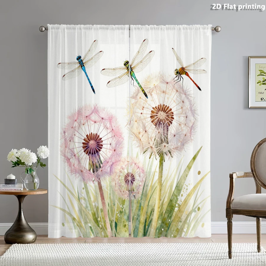 2PCS Digital Print Sheer Curtain, Pink Dandelion, Whimsical Fantasy Window Curtains for Living Room Bedroom Home Decor