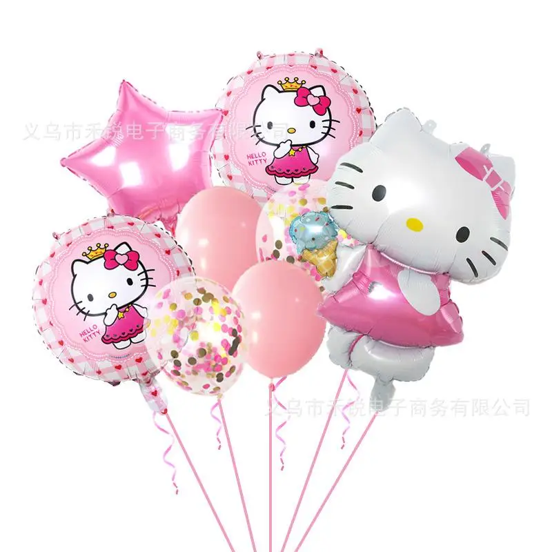 Balão bonito Sanrio Olá Kitty para menina, Balões metálicos, Pacote de aniversário, Layout Presente, Festa Kawaii, Novo, 9pcs