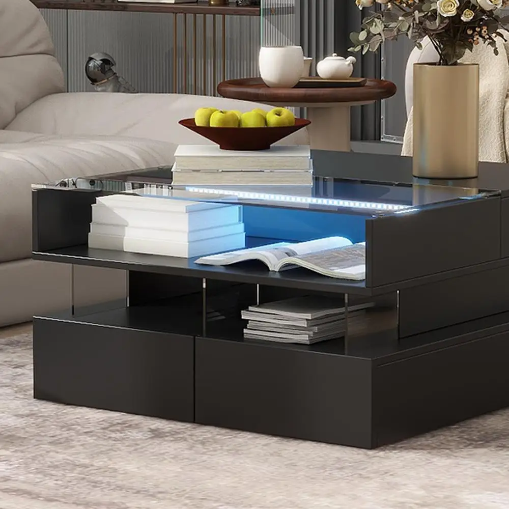 Журнальный столик с подъемным верхом, современная квадратная стеклянная столешница, 2 ящика, скрытое хранилище, светодиодные светильники для гостиной