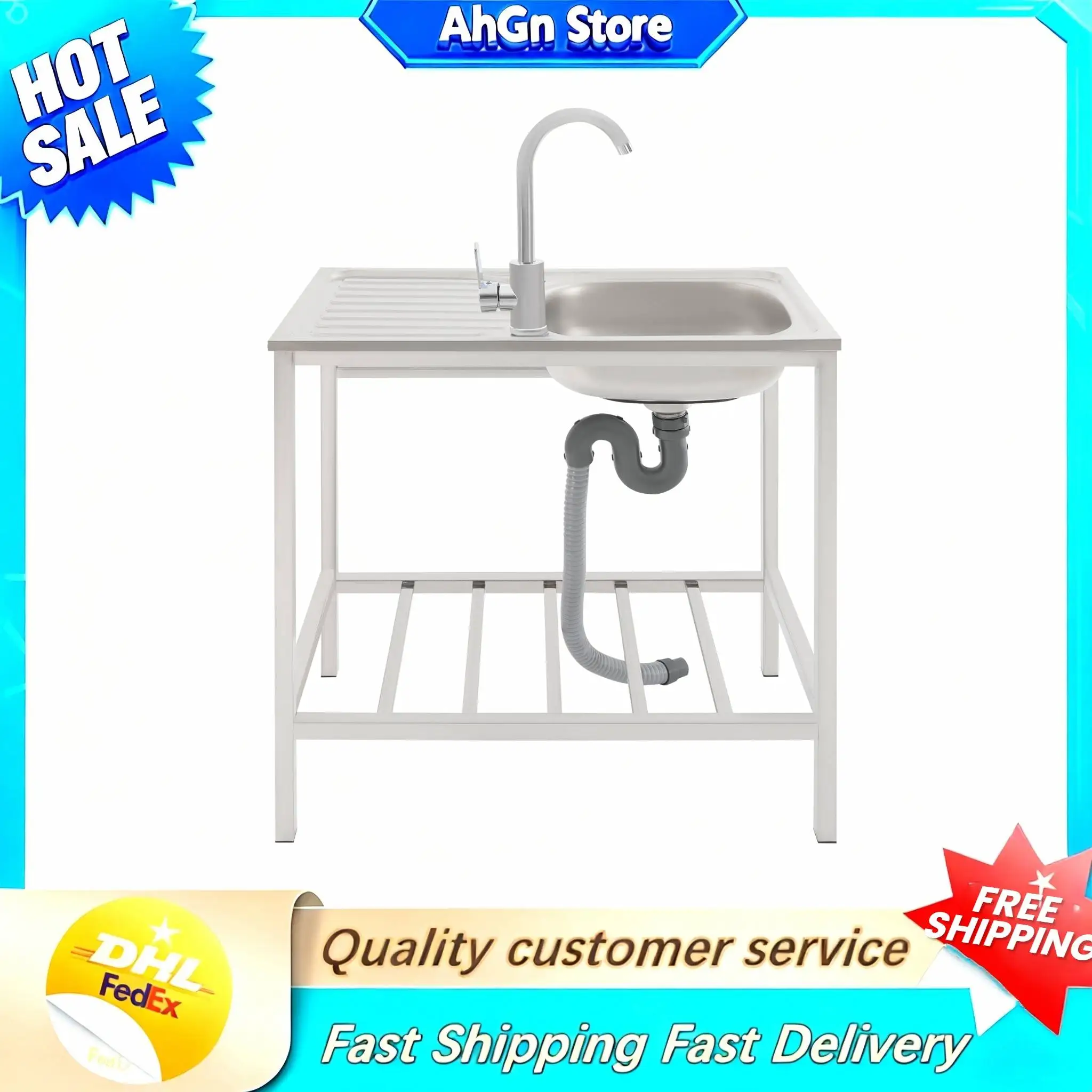 

Kitchen Single Bowl Sink Stainless Steel Free Standing Sink 360° Rotatable Faucet Countertop and Bottom Shelf