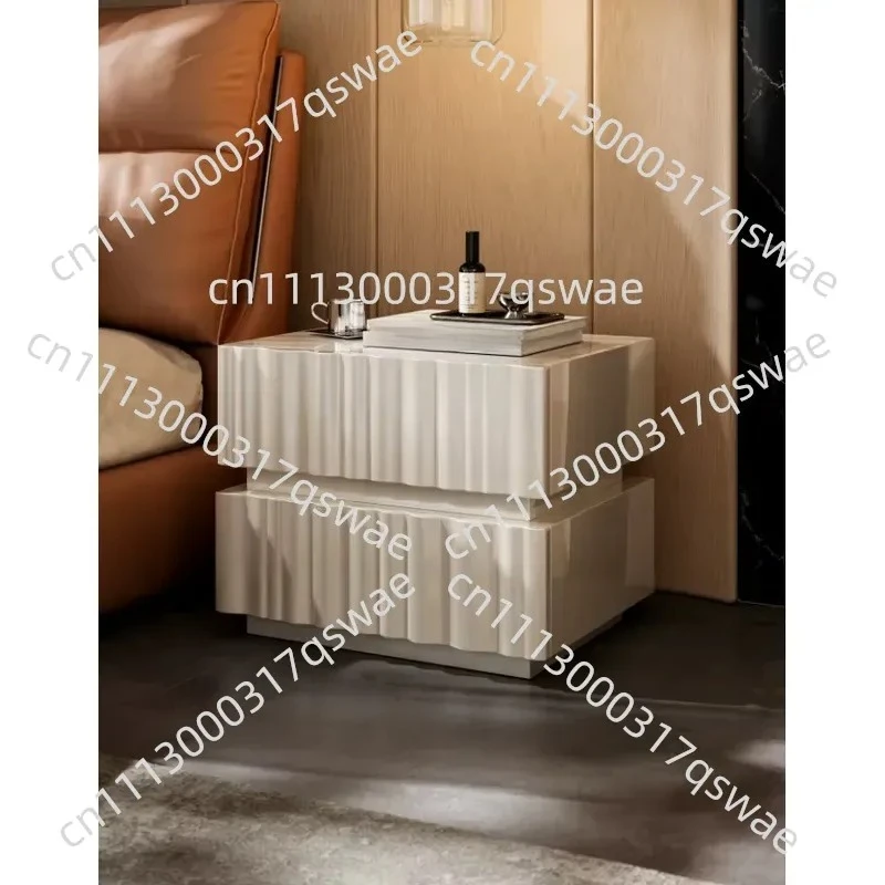 Bedside table, high-gloss white wavy pattern, modern simple home bedroom bedside locker