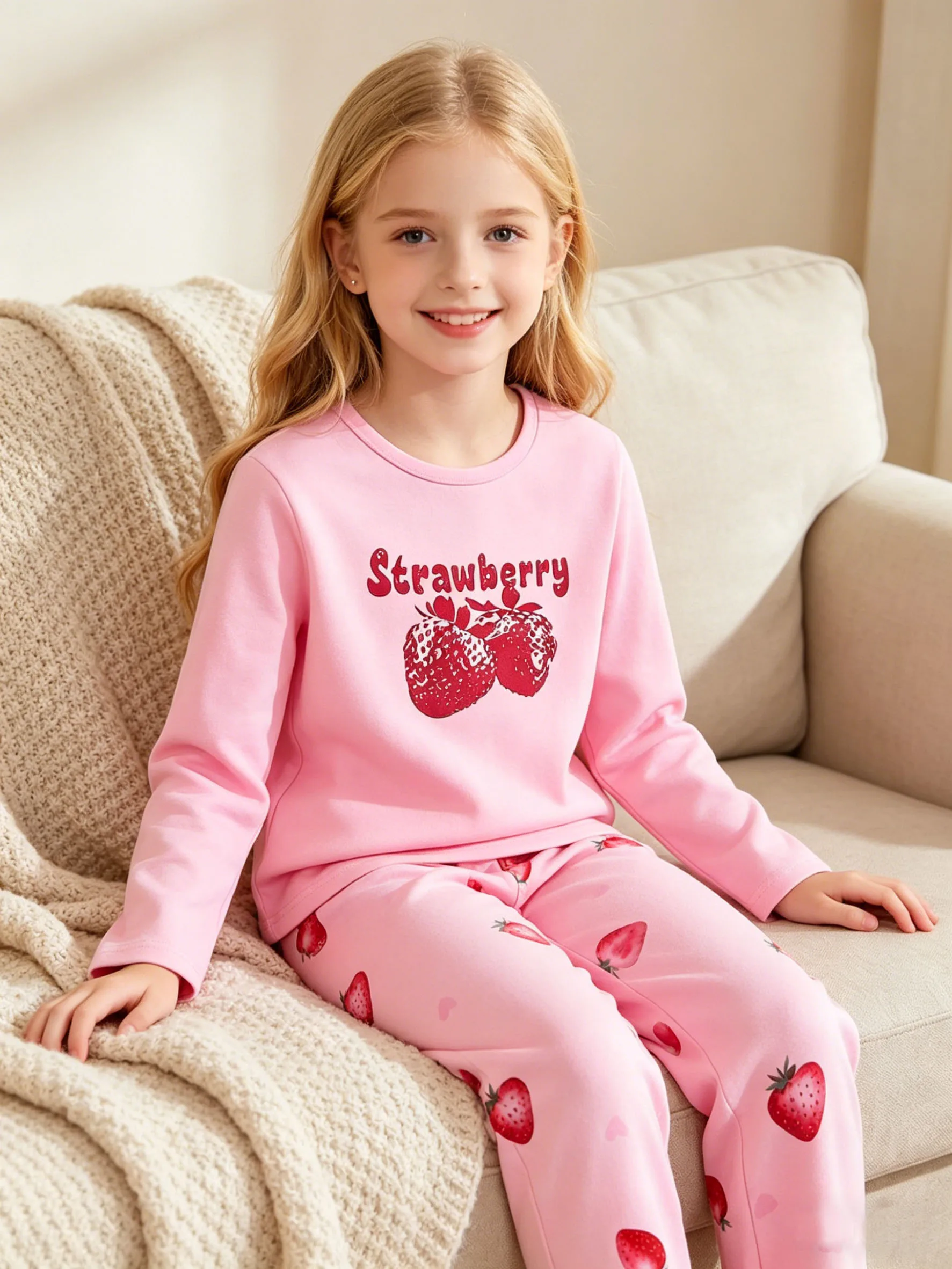 Girls' fashionable home clothes for spring and autumn, girls' outdoor leisure strawberry pattern top, long sleeved pants