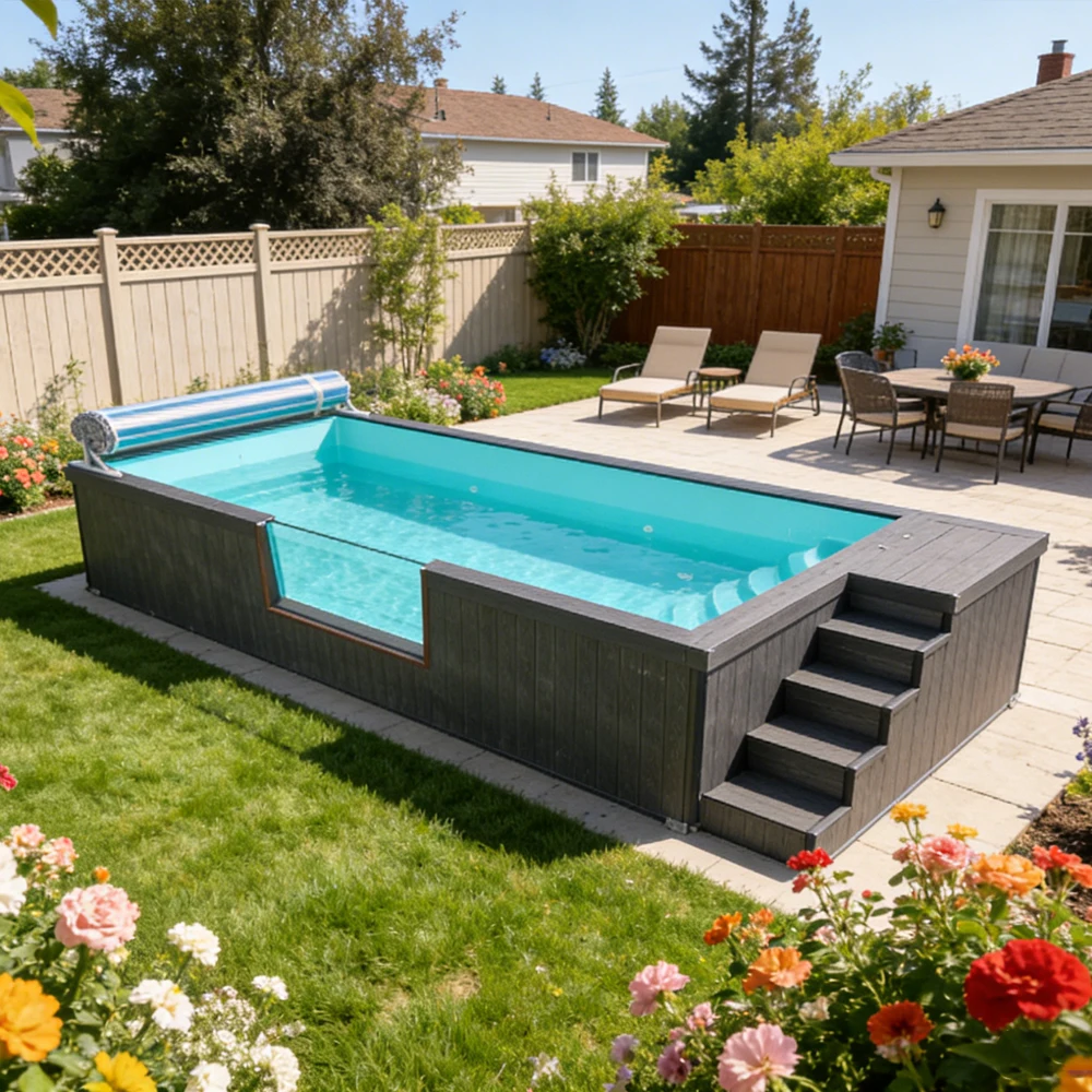 Rectangle Fiberglass Above Ground Pool Low Maintenance Solar Cover UV Resistant Family Garden Piscina