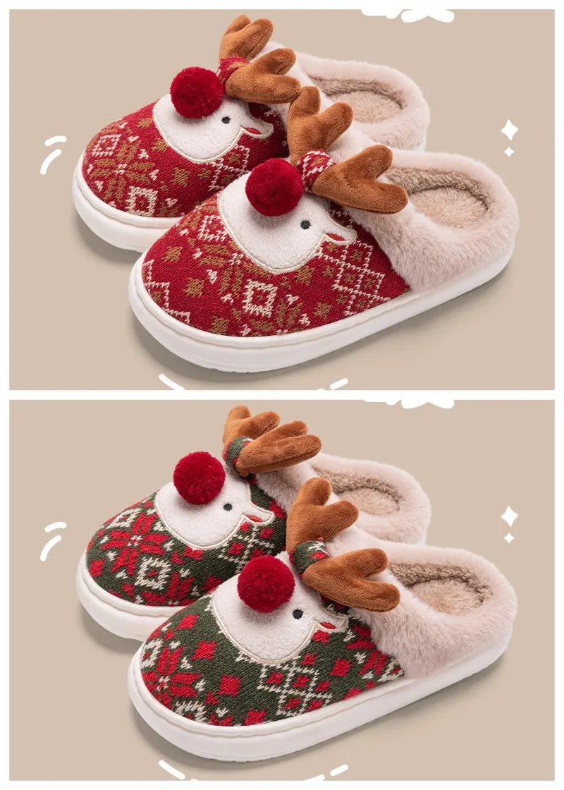

Winter 2025 New Christmas Cotton Mop Home Indoor Cute Elk Non-slip Plush Outer Cotton Slippers