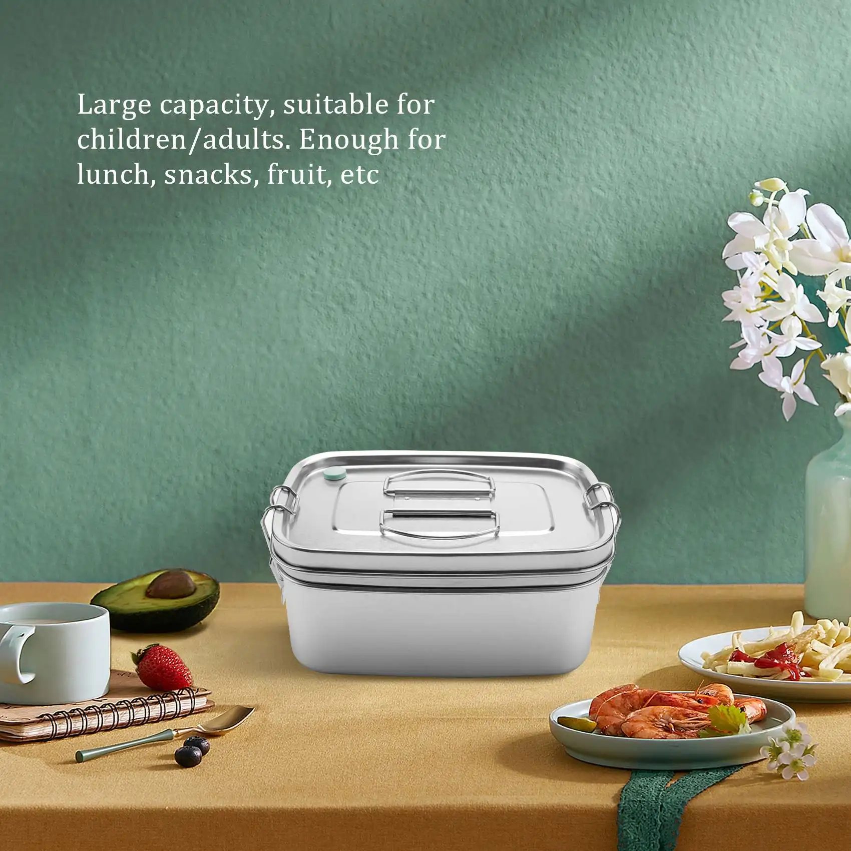 

ABHZ-Large Capacity Sandwich School Office Lunch Box Bento Dinnerware For Kids Adults Food Container Stainless Steel