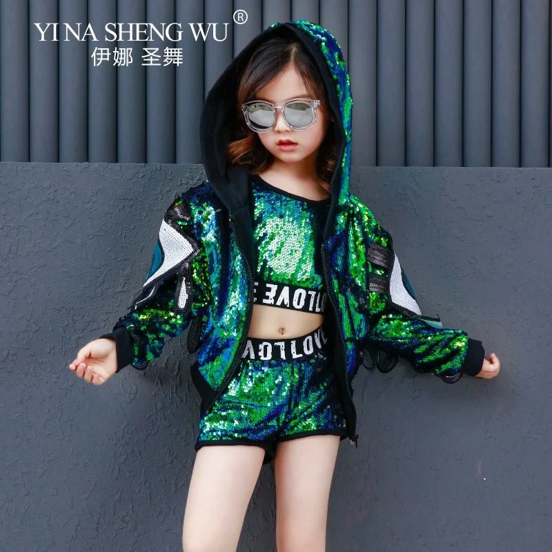 Neue Pailletten Jazz Dance Hip-hop Street Dance Set Kinder Modern Dance Auftritte Dunkelgrün Glänzende Pailletten Dance Outfit mädchen