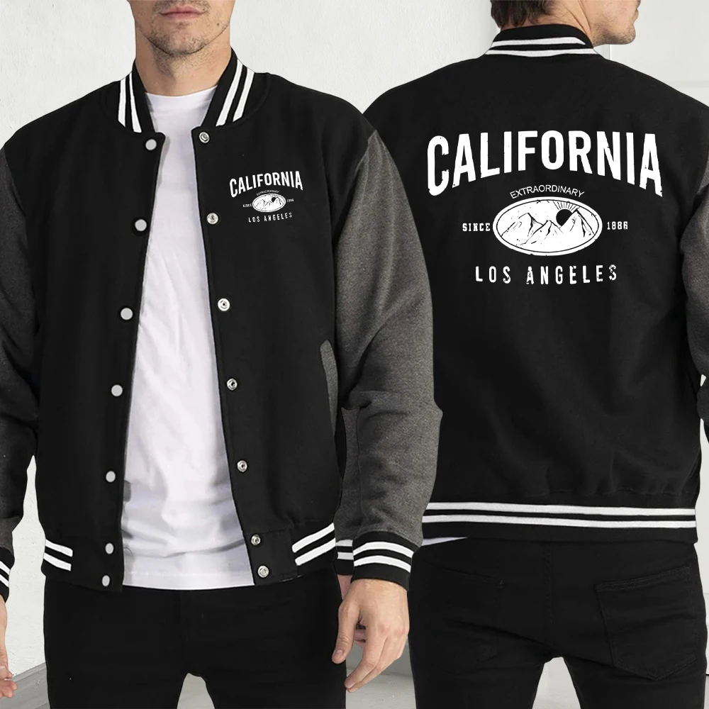 

California Los Angeles Mountain Print Men Baseball Jersey Fashion American Top Casual Pocket Streetwear Street Clothing Autumn