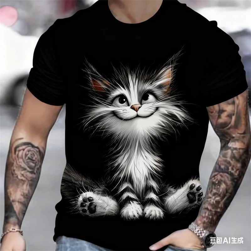 

Funny Cat Printed Men's T-shirt Summer 3D Animal Pattern Crew Neck Short Sleeve Tops Leisure Fashion Hip Hop Street Men Clothing