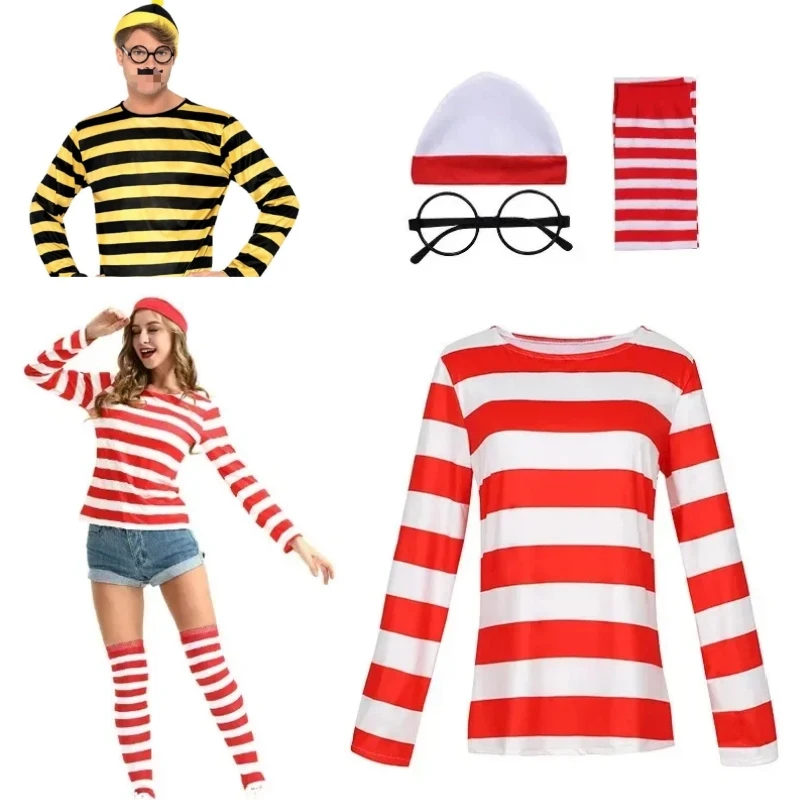 

Wheres Waldo Striped Shirt Kids Boys Wally Costume Shirt Glasses Hat Socks Unisex Adults Christmas Halloween Cosplay Costume