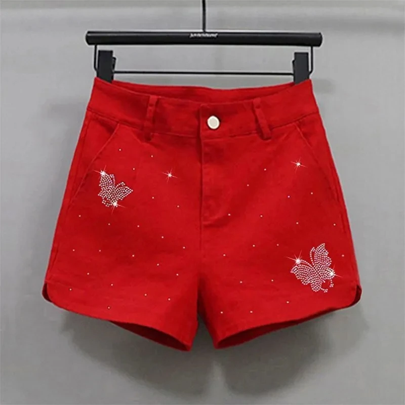 Red Shorts Women's streetwear 2025 Summer New Korean version High waist slimming casual versatile hot Diamond Hot pants