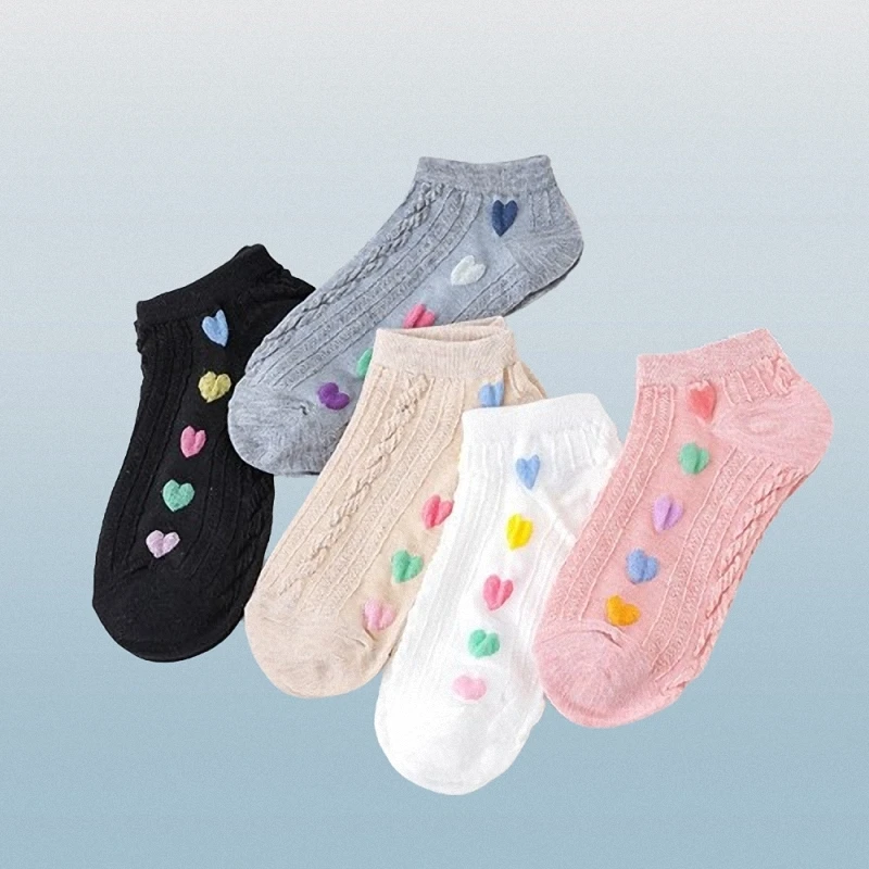 3/6 Pairs New High Quality Women's Colorful Love Cotton Socks Cute Solid Colors Mid-tube Boat Socks Product College Style Socks