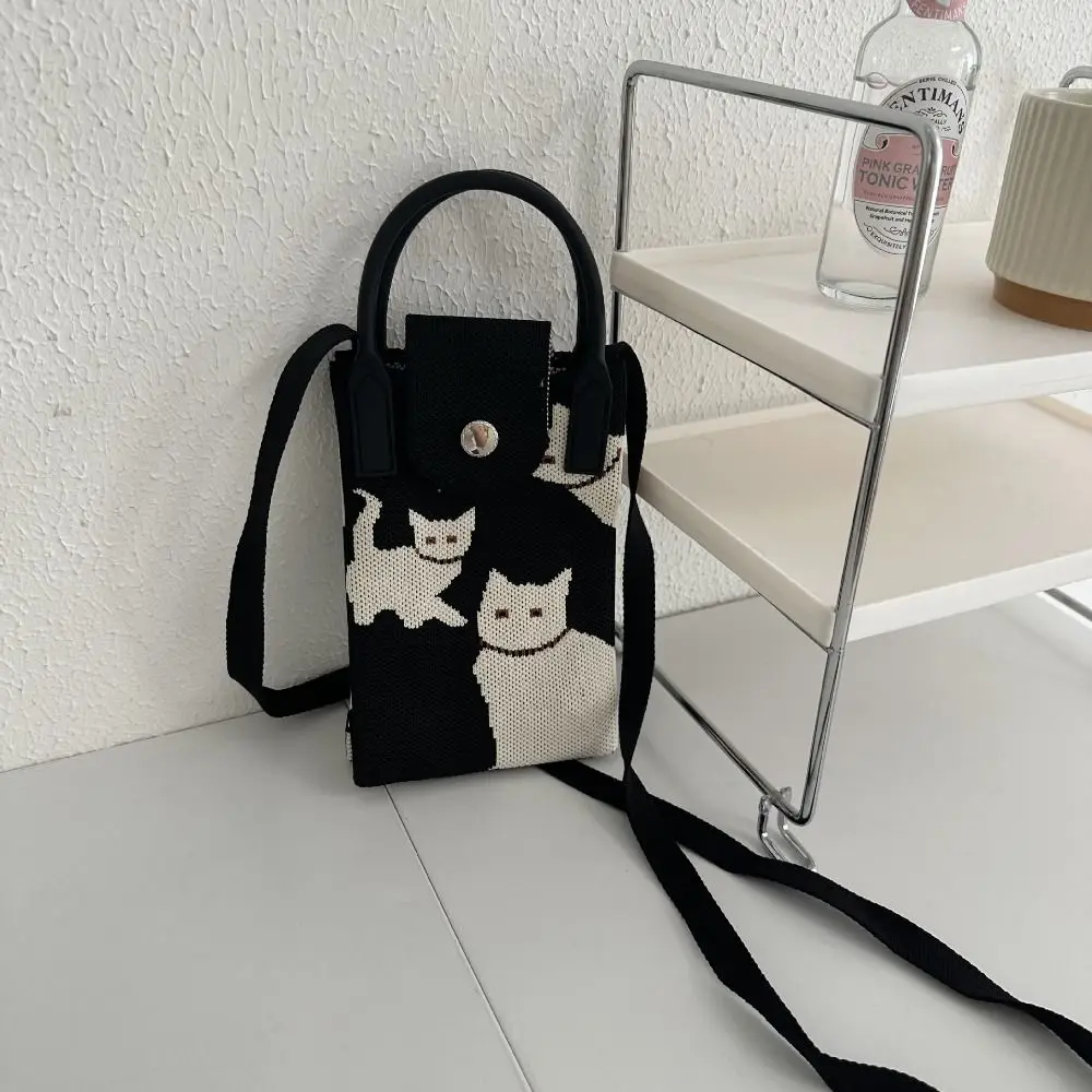 Cartoon Knit Handbag Reusable Knit High-capacity Phone Bag Cat Knot Wrist Bag Girl