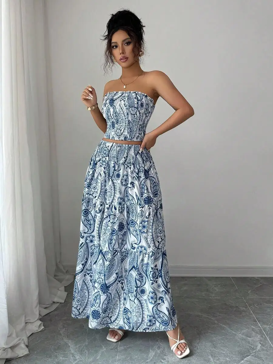 Allover-Print, trägerlos, lässig, elegant, Strandhochzeit, 2-teiliges Set (Oberteil und Rock), Sommer – Detail 4