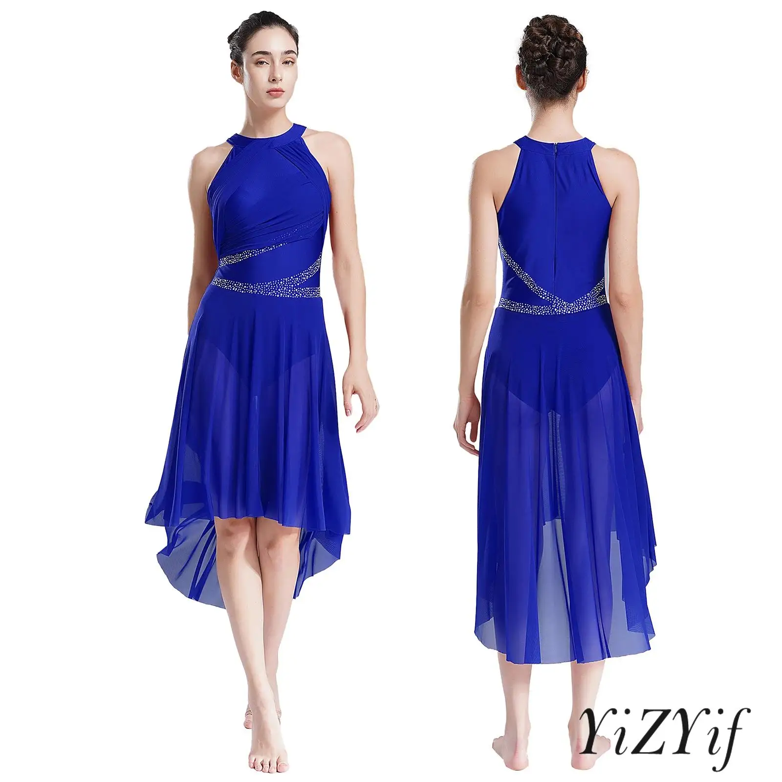 Lyrical Modern Dance Dress Womens Sparkly Rhinestones Dance Competition Dancewear Sleeveless Asymmetrical Hem Ruched Leotard