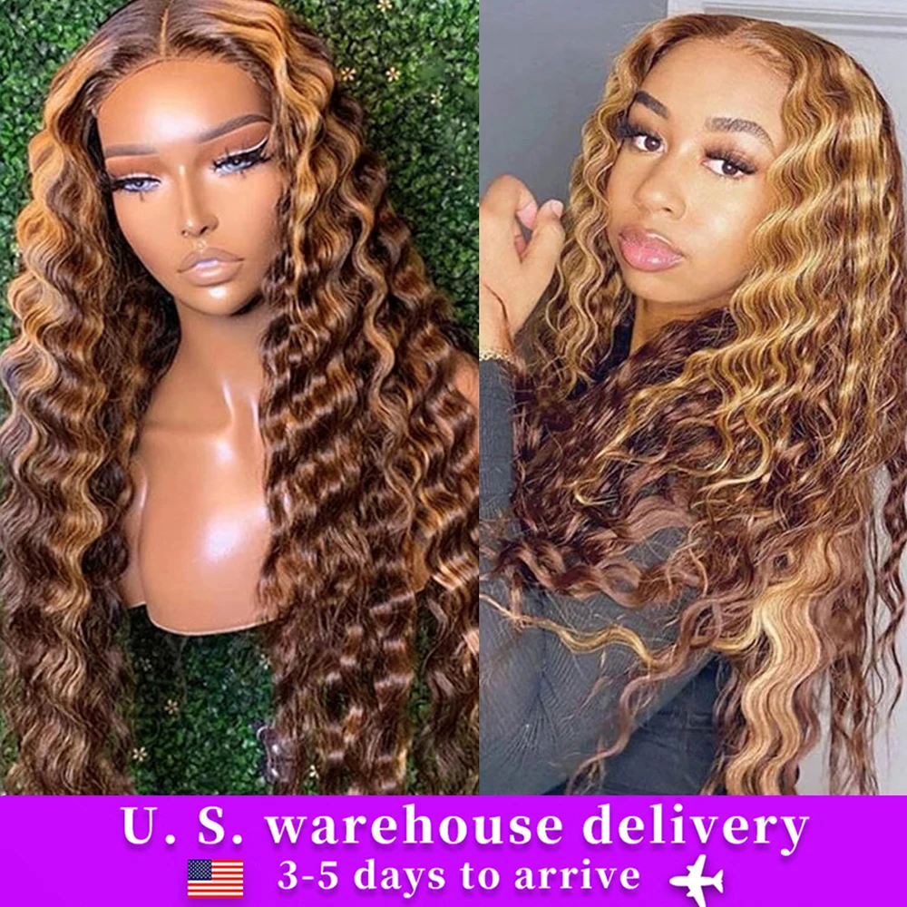 Honey Blonde Deep Human Hair Wig Water Wave 13x6 HD Lace Frontal Wig Wear Go Glueless Highlight Curly Human Hair Wigs 34 Inch