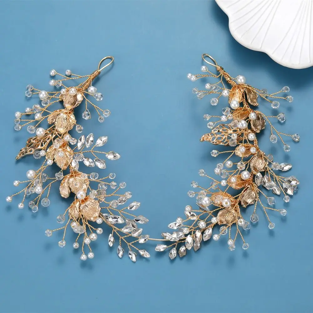 

Prom Pearl Crystal Headband Rhinestone Gold Alloy Headdress Handmade Floral Jewelry Wedding Headpieces Women Bridal