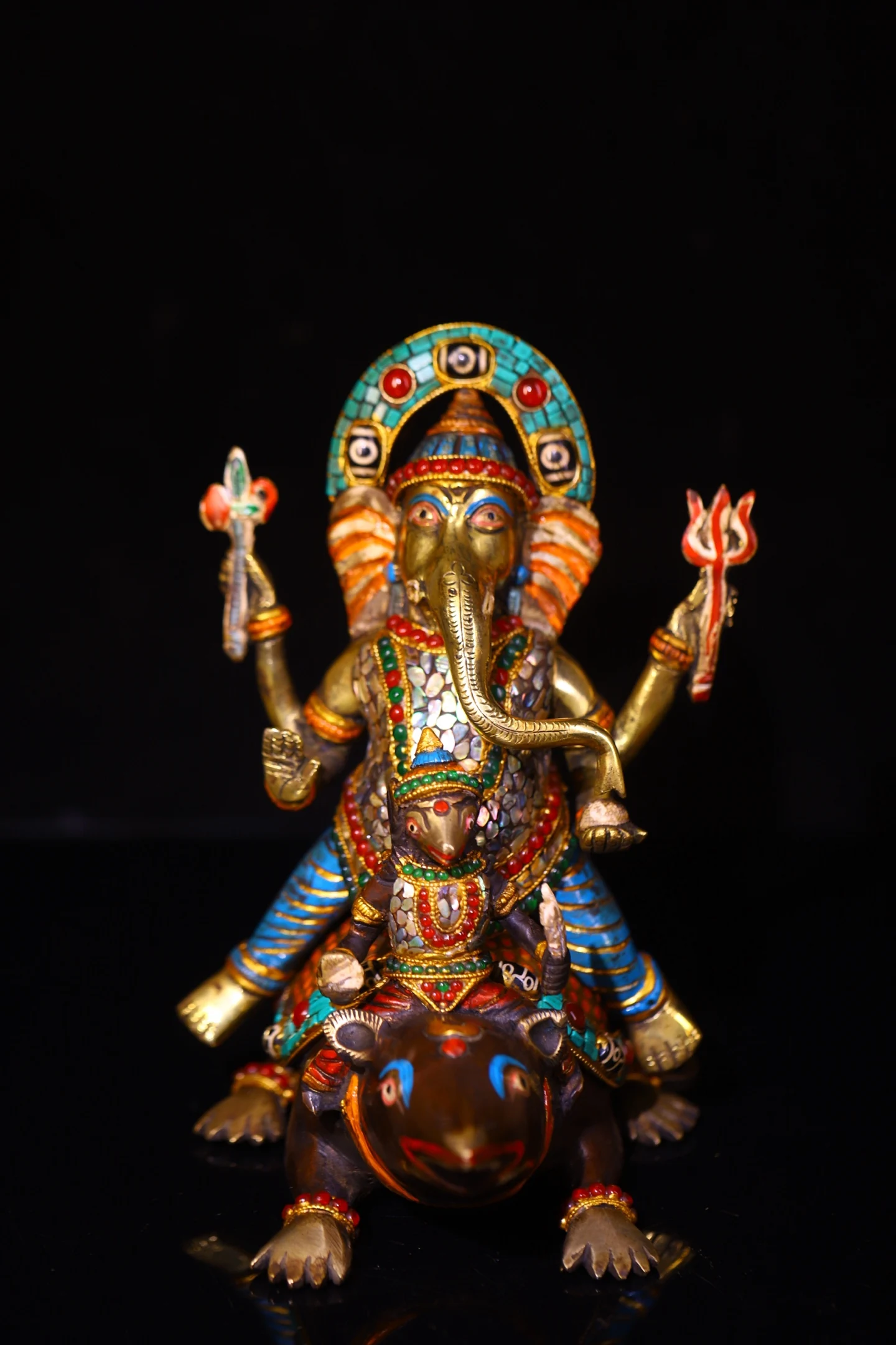 Old Lima Bronze Painted Mosaic Gem gZi Beads Turquoise Elephant Trunk God of Wealth GANESH mount Sitting Buddha Worship Hall