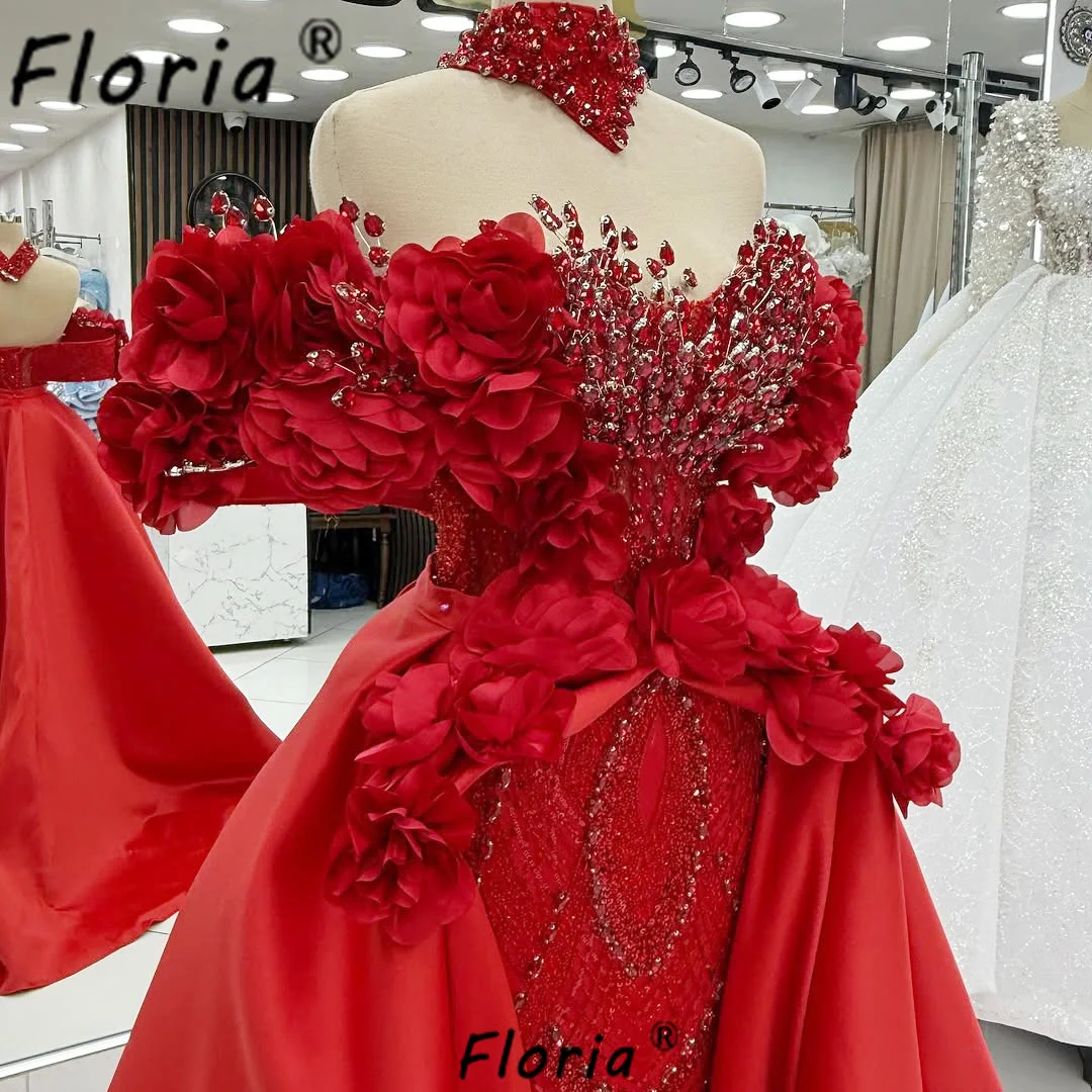 Luxury Red Dubai Wedding Dress with Detachable Train Beaded Flowers Mermaid Bride Party Gowns Customized African Woman Vestidos