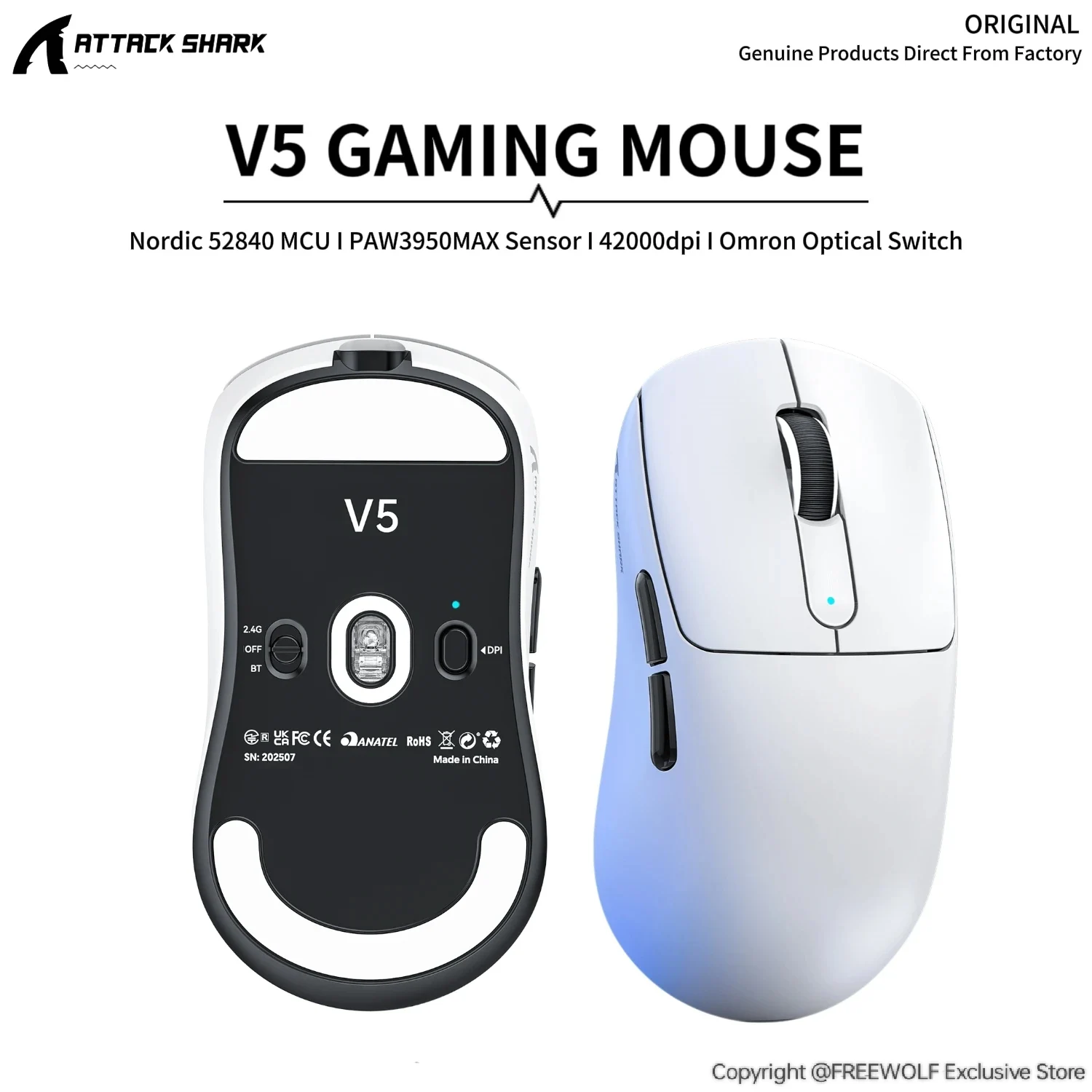 Attack Shark V5 8K Lightweight Mouse,Ice-Sensitive Coating,PAW3950MAX Sensor,42000 DPI,PTFE Non-slip Mat for the Gaming