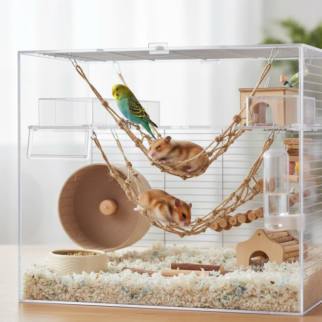 Hanfseil-Kletternetz für Haustier-Vögel und Hamster mit 4 Legierungshaken, rutschfest, langlebig, Käfigzubehör, kleines Haustierspielzeug, Hängemattenschaukel – Detail 6