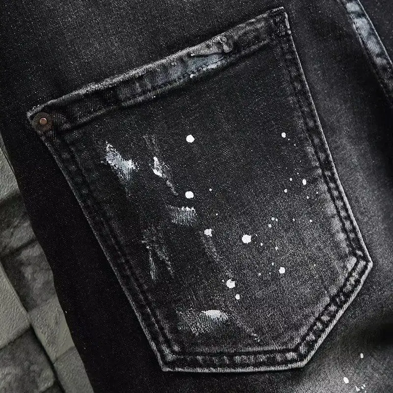 2025 Denim Shorts Men's Summer Trend Brand Printed Embroidered Trend Slim-Fit Casual Elastic Black Trousers Man Jeans Pants