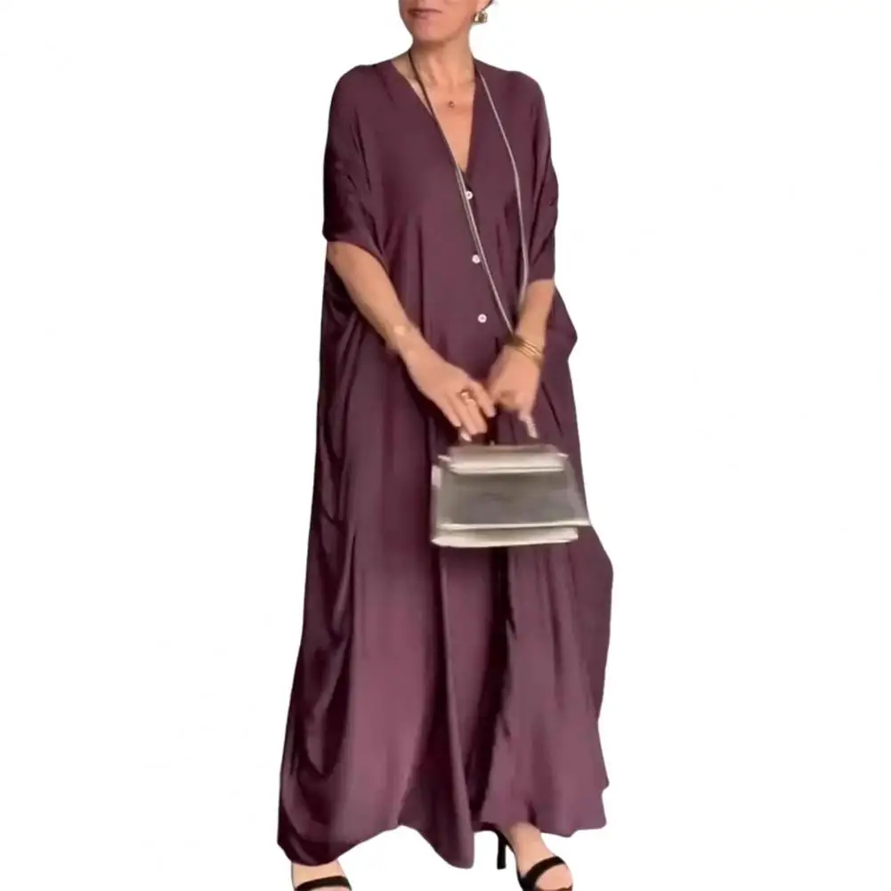 Women Solid Color Dress Elegant V-neck Maxi Dress with Batwing Sleeves Buttoned Placket Solid Color Satin Shirt Dress for Women
