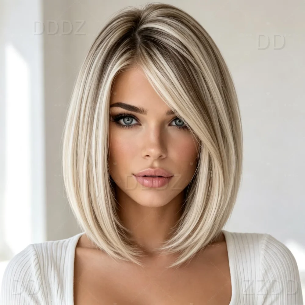 Short Soft 100%human hair Straight Highlight Blond Hair 150 density and 13×4 wig lace front wig, with baby hair pre plucked