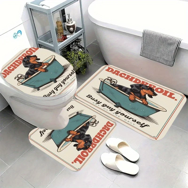 Dachshund Bathroom Mat Set, Cute Dachshund Puppy Bath Tub Vintage Poster Print, Soft Cozy Washable