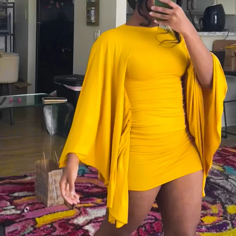 CUTENOVA donna nuovo arrivo tinta unita casual aderente aderente manica a pipistrello manica lunga girocollo moda strada mini abito