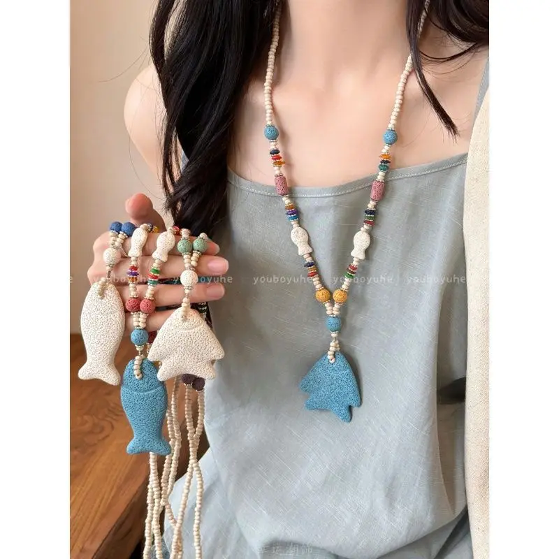 

2025 Dopamine Beaded Fish Necklace – Colorful Volcanic Stone Beach Jewelry