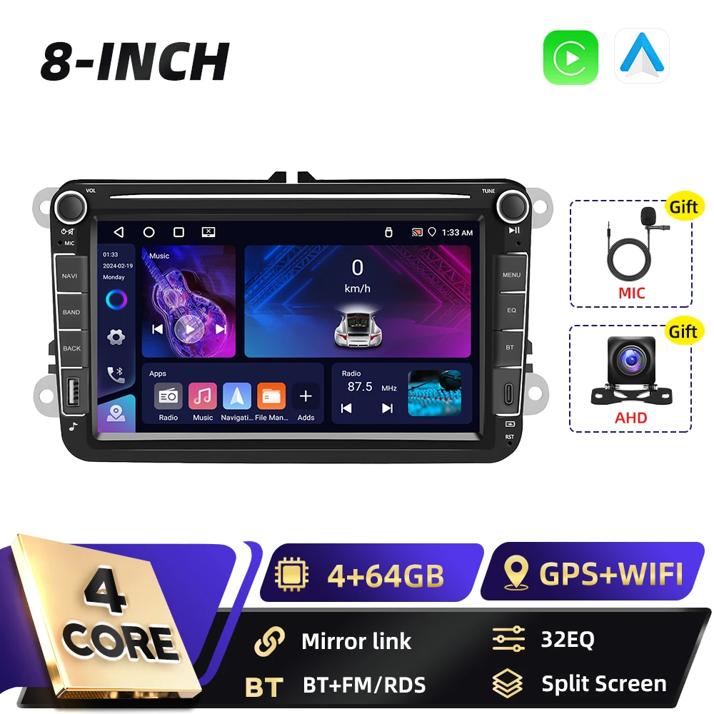 Podofo 8 inch GPS 6+128GB 2DIN autoradio voor VW Volkswagen SAGITAR JATTA JETTA Seat Altea Carplay FM/RDS Android Auto Mirror Link BT