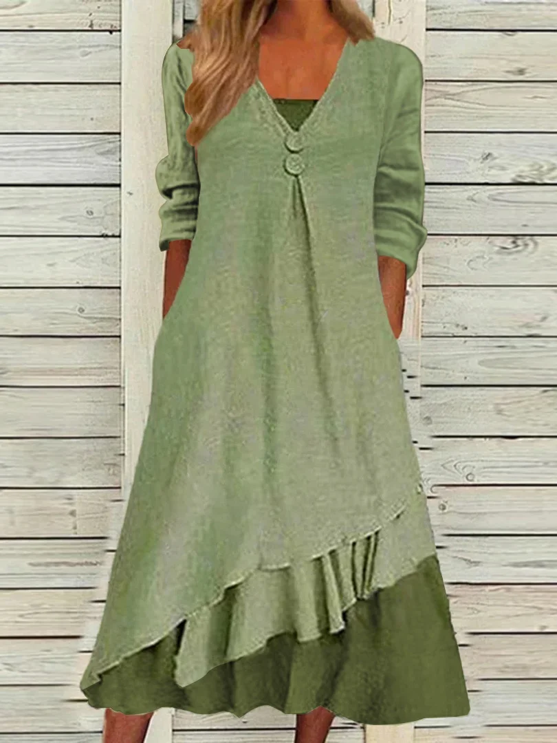 

Plus Size Women's Long Sleeve V-Neck Stitching Buttons Midi Dress