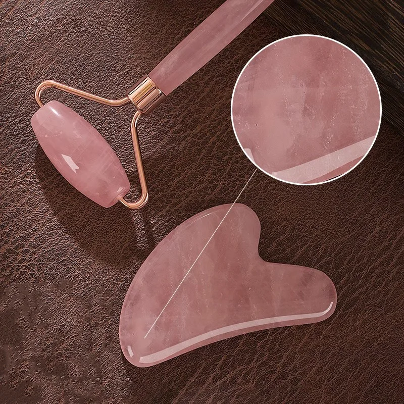 Rose Quartz Face Roller Gua Sha Massager Kit Crystal Stone Guasha Facial Beauty Tool Scraping Board Set view 3