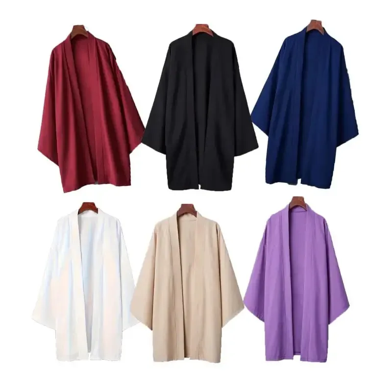 

Summer Men Black Robe Samurai Clothing Solid Color Loose Asian Traditional Costume Beach Japanese Kimono Cloak Sunscreen Coat