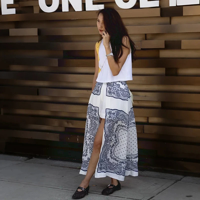 

Blue And White Retro Print Split Front Half Skirt Long Blend Linen Women's Summer Fashion A-Line Skirt Medium Length