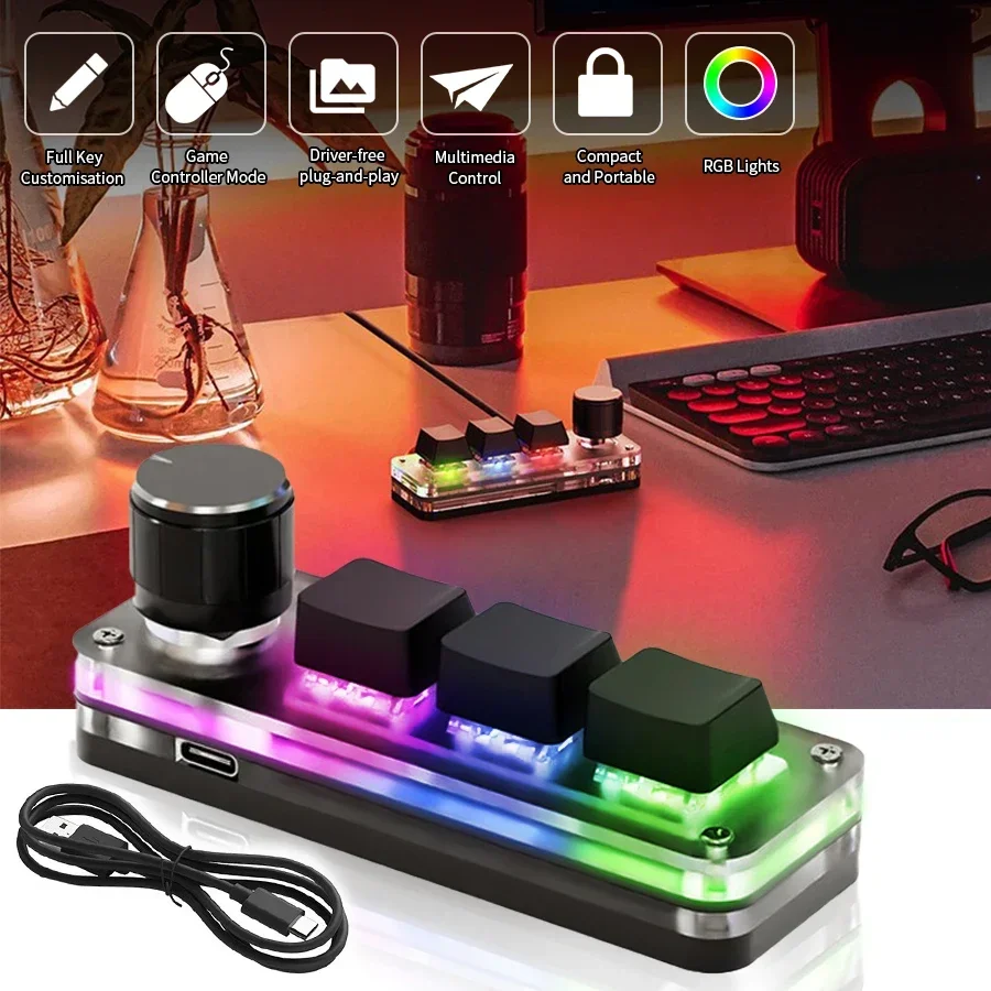 USB Mechanical Keyboard for Photoshop 3 Keys 1 Knob RGB Programming Macro Gaming Custom Programming Knob Keypads Mini Keyboard