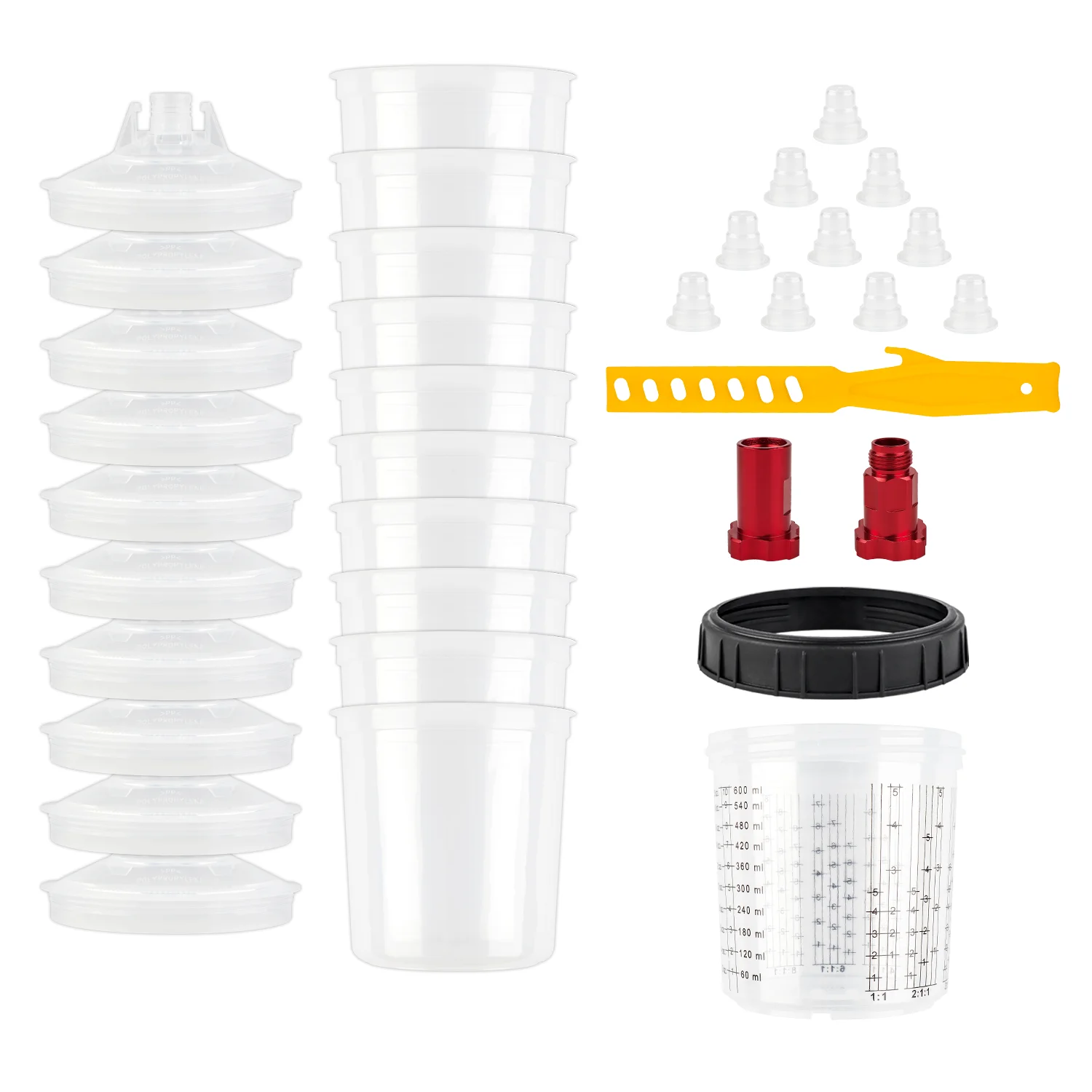 10/25/50 stuks/set spuitpistoolverfmengbeker, spuitpistooltank, 20,3 oz/600 ml, wegwerpverfbeker, met 2 spuitpistoolbekeradapters en 1 roerstaafje