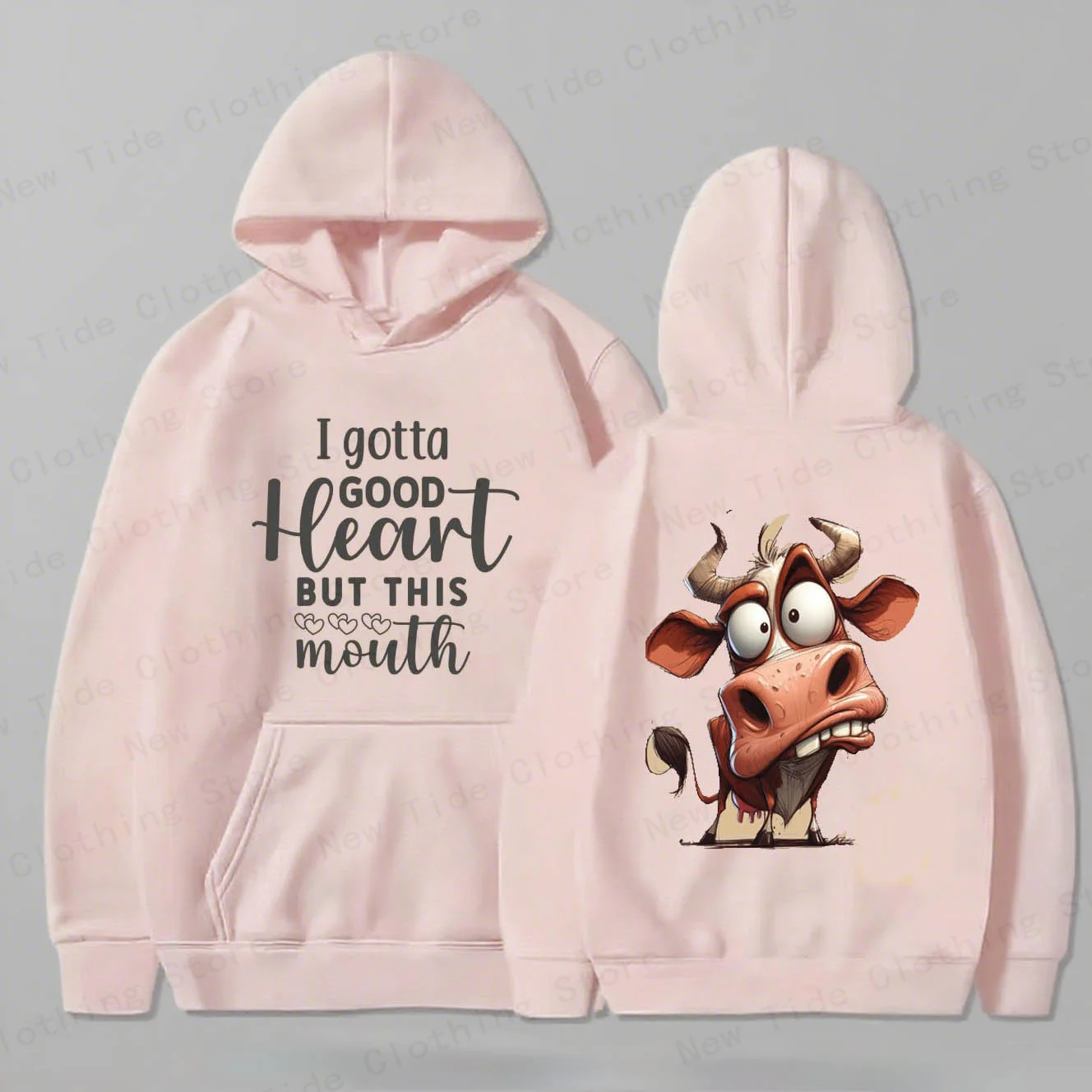 سترة بغطاء للرأس قطنية للخريف والشتاء للرجال مع شعار "أنا أن أكون قلبًا جيدًا ولكن هذا الفم" ورسومات بقرة مسلية للارتداء العصري #3