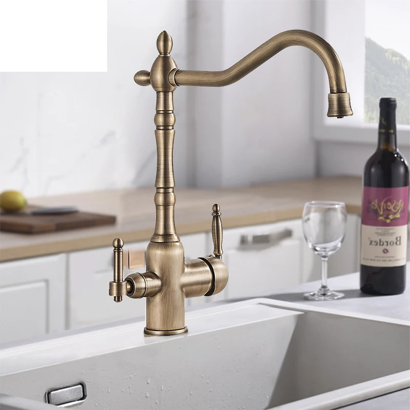 

Antique Brass Filter Kitchen Faucet Drinking Pure Water Kitchen Tap Deck Mounted Dual Handles 3-Ways Hot and Cold Water Mixer