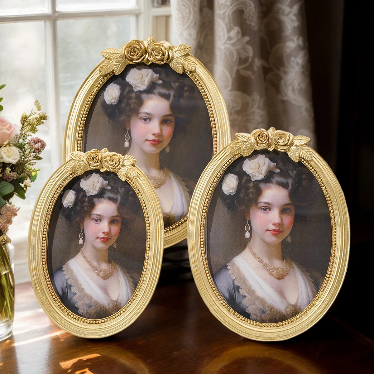 1PC, Golden Three-Dimensional Rose Oval-Shaped Decorative Photo Frame, European-Style Golden Desktop Decorative Photo Frame
