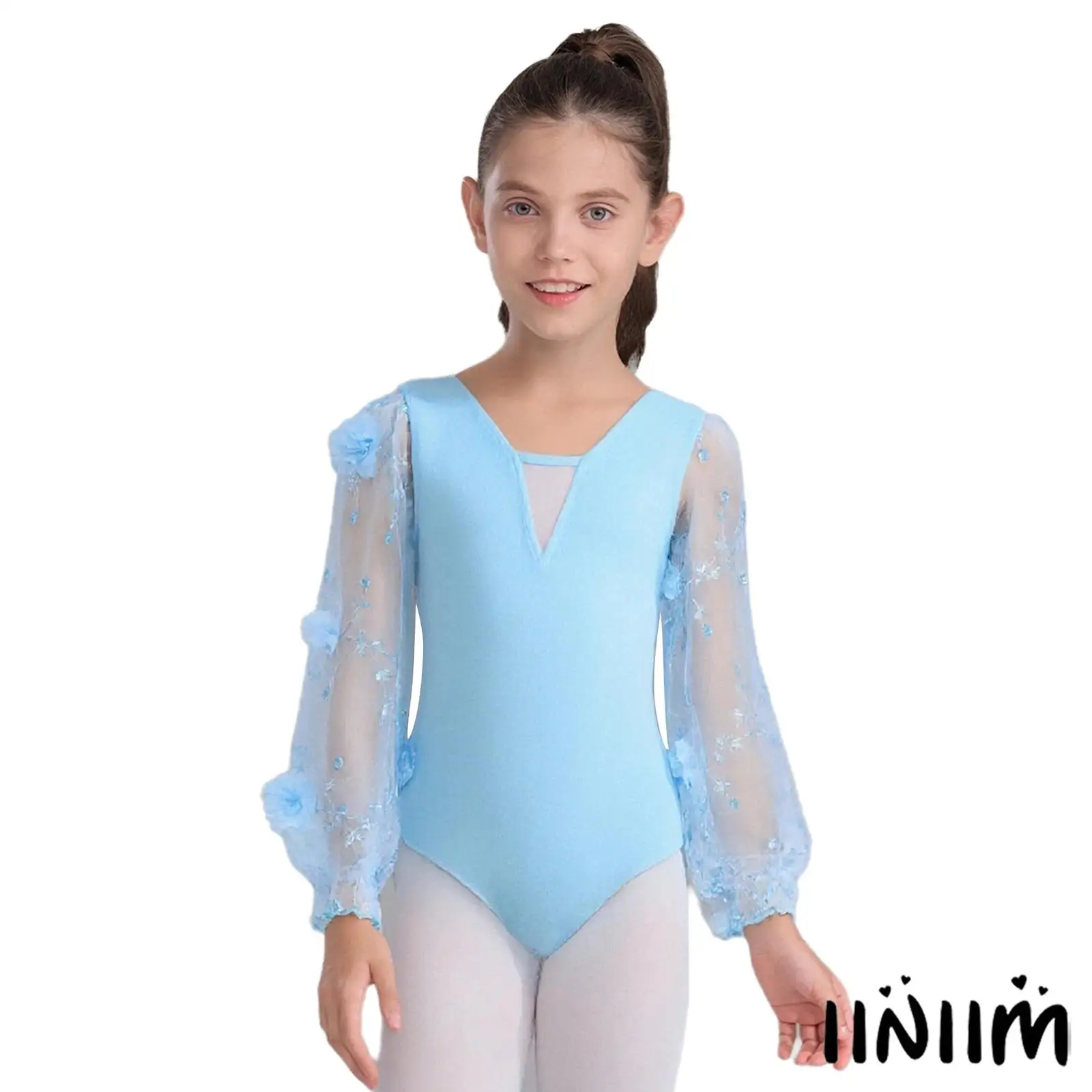 

Kids Girls Figure Skating Dance Costume 3D Flowers Embroidery Sheer Mesh Ballet Dance Bodysuit Long Puff Sleeves Ballet Leotard