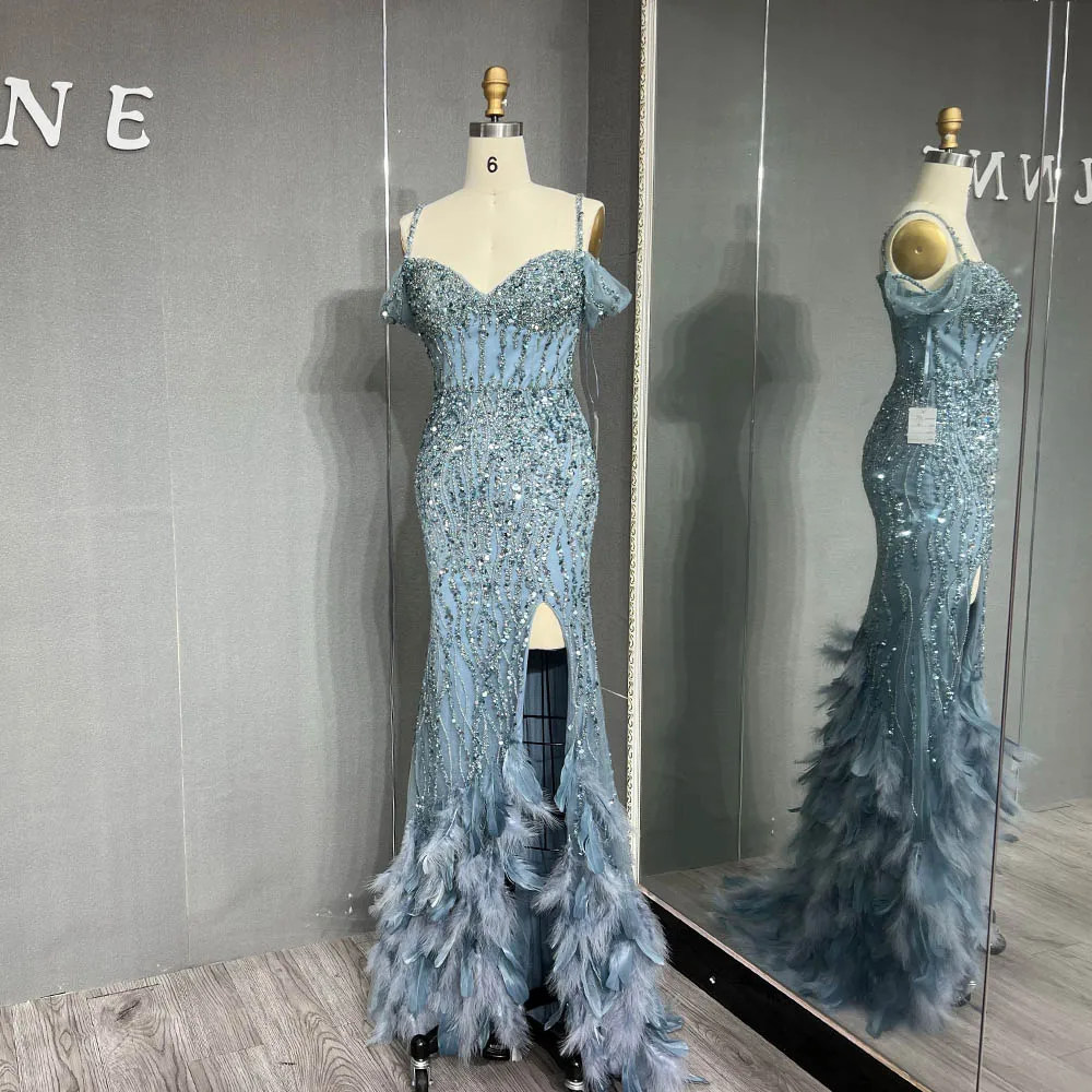 YQLNNE 2024 Luxury Blue Feathers Mermaid Evening Dresses Long Straps Tulle Crystals Wedding Party Gown Dubai