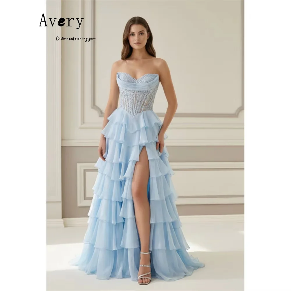 

Avery Custom Blue A-line Side Slits Embroidery Elegant Dresses 2026 Woman Luxury Women's Evening Dresses Party Dress Woman Prom