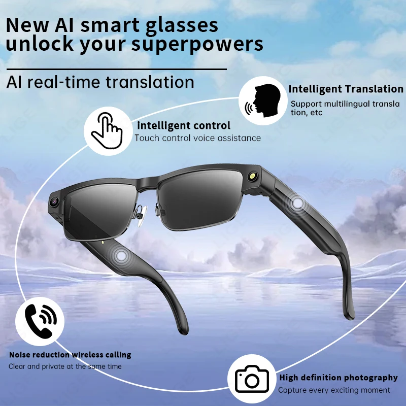 

LIGE AI Smart Glasses 800W Camera Take Photos Record Videos Waterproof Bluetooth Call 270mAh Battery Music Player Sunglasses