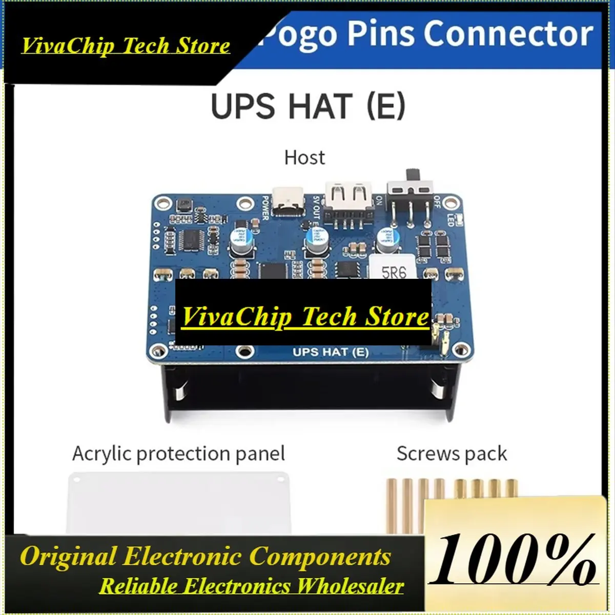 VivaA72Z UPS HAT (E) For 5/4B/3B+, Bi-Directional Fast Charging, 5V 6A Output, Pogo Pins Connector