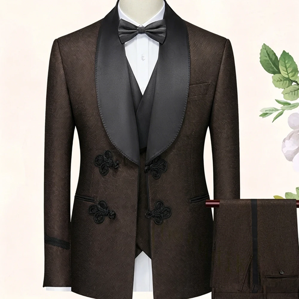 

Luxury Men's Brown Woolen Tuxedo Suit Black Satin Shawl Lapel 3-Piece Formal Wedding Set with 3-Leaf Flower Crystal Button