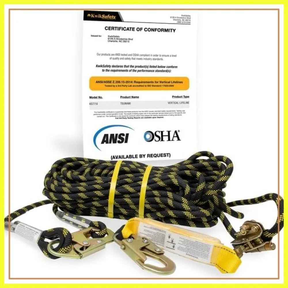 

Vertical Lifeline Kit 50ft Braided Rope Fall Protection ANSI OSHA Rope Grab Snap Hook Shock Absorber Roofing Safety Equipment