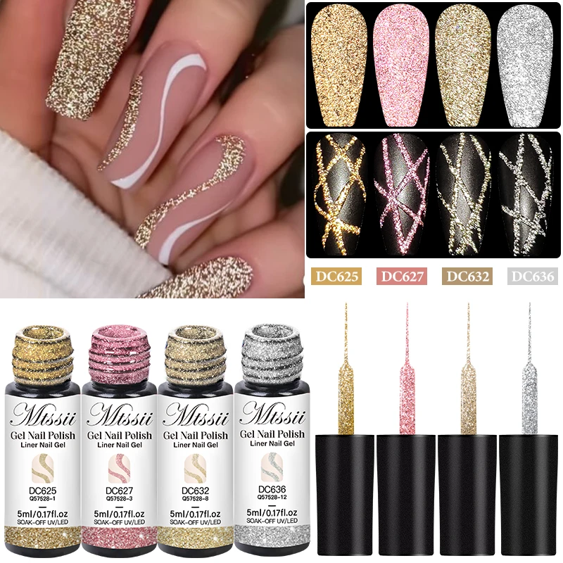 2/4/6 Stuks Reflecterende Glitter Liner Gel Nagellak Set Pull Lijn Graffiti Schilderen Streep Diy Franse nagels Ontwerp Schilderen Gel
