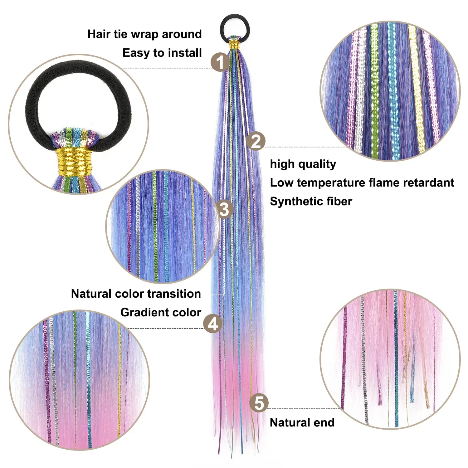 26 بوصة الشعر بهرج ملون مضفر ذيل حصان تمديد 1/2 حزمة الأزرق الوردي التدرج وصلات شعر ذيل حصان الاصطناعية #3